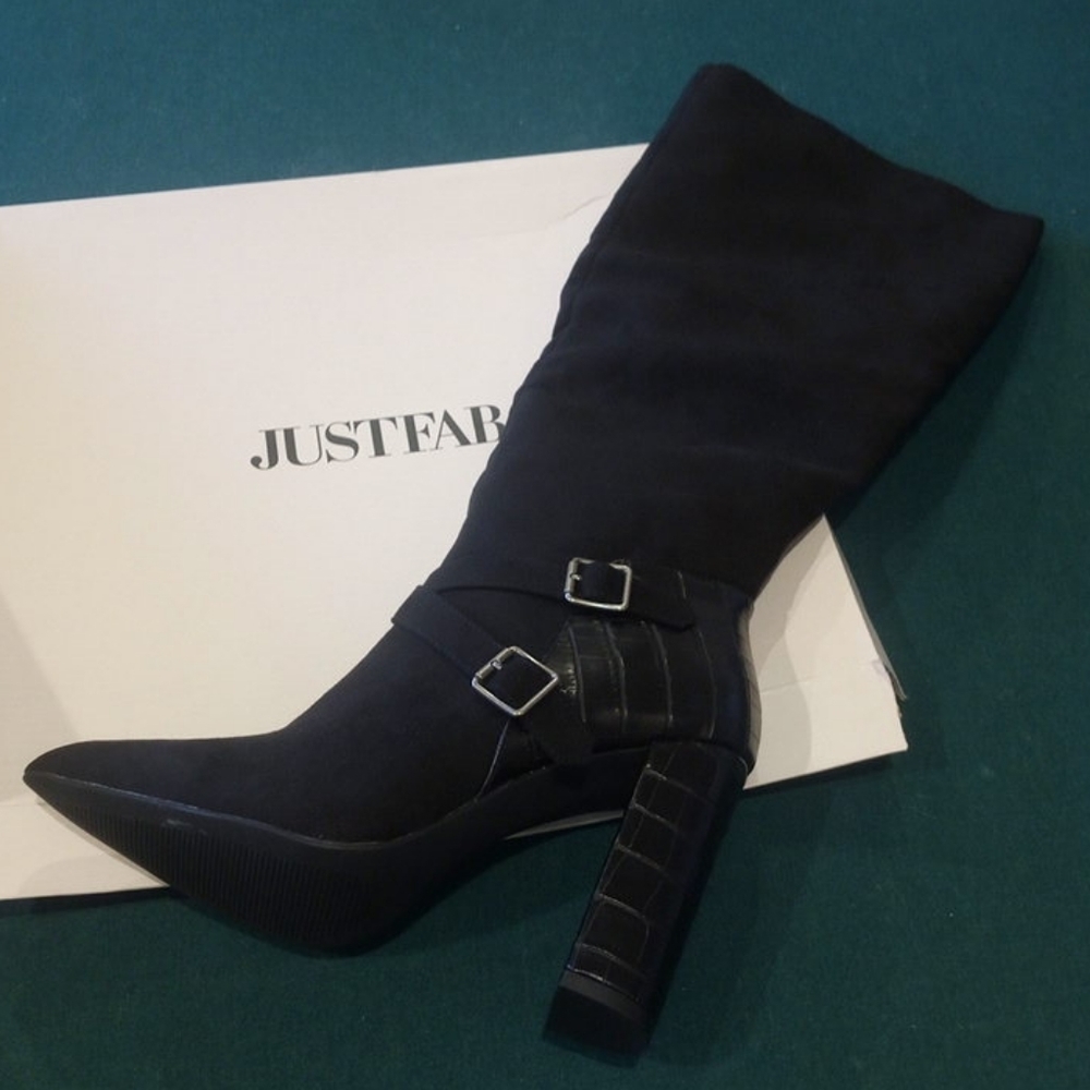 Brand New JustFab knee high black heeled boots